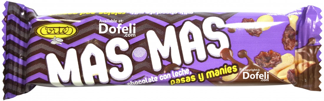 Mas Mas Dominican milk chocolate bar with peanuts and raisins, sweet and crunchy treat from Dominican Republic by Cortés Hermanos.